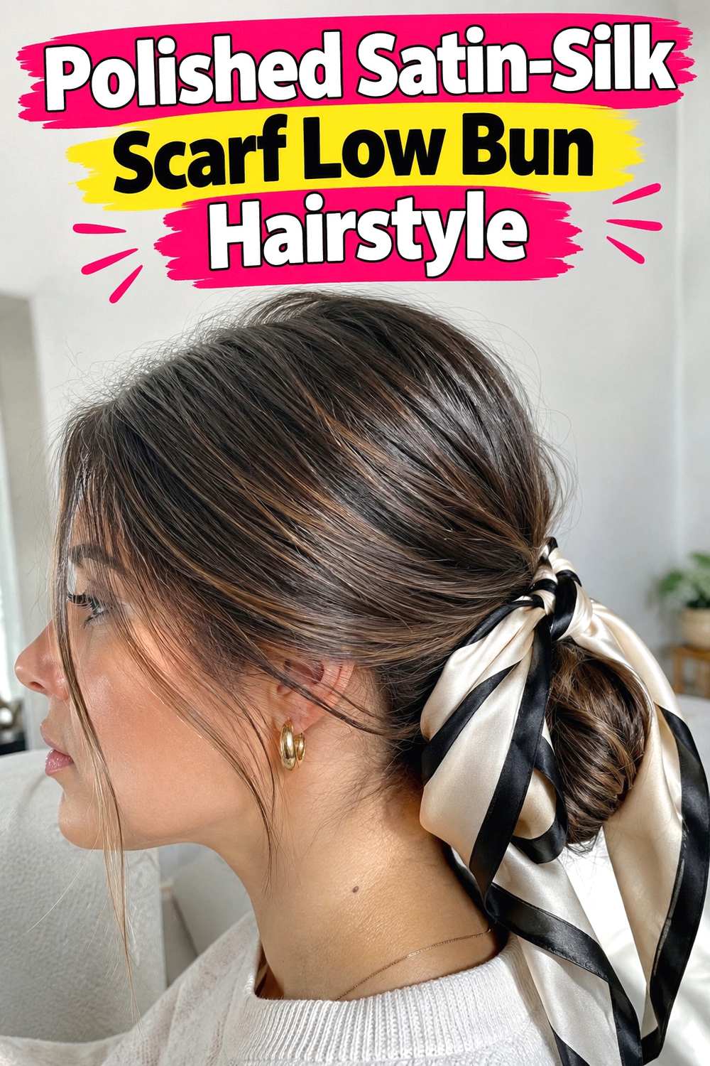 15. Polished Satin Silk Scarf Low Bun Hairstyle
