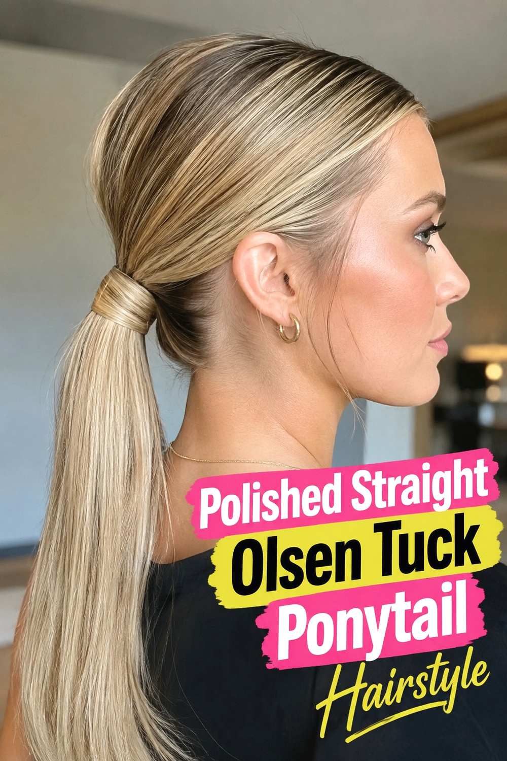 6. Polished Straight Olsen Tuck Ponytail Hairstyle