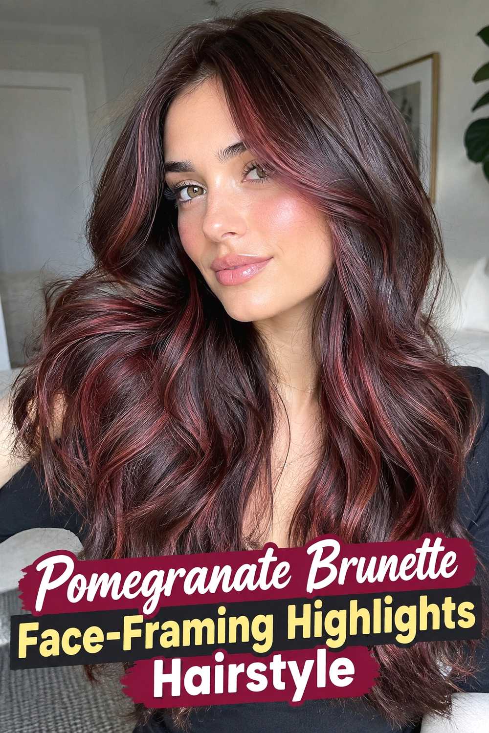 10. Pomegranate Brunette Face Framing Highlights Hairstyle
