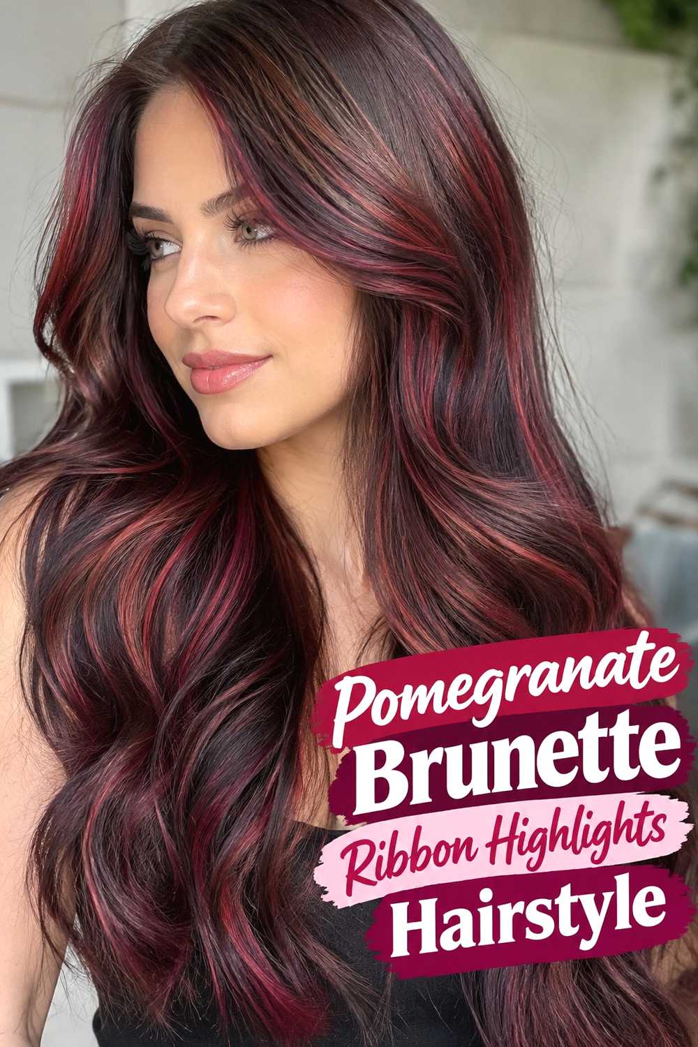 7. Pomegranate Brunette Ribbon Highlights Hairstyle