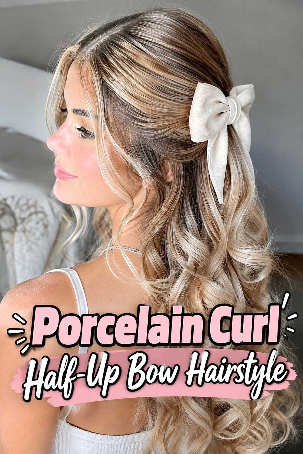 9. Porcelain Curl Half Up Bow Hairstyle