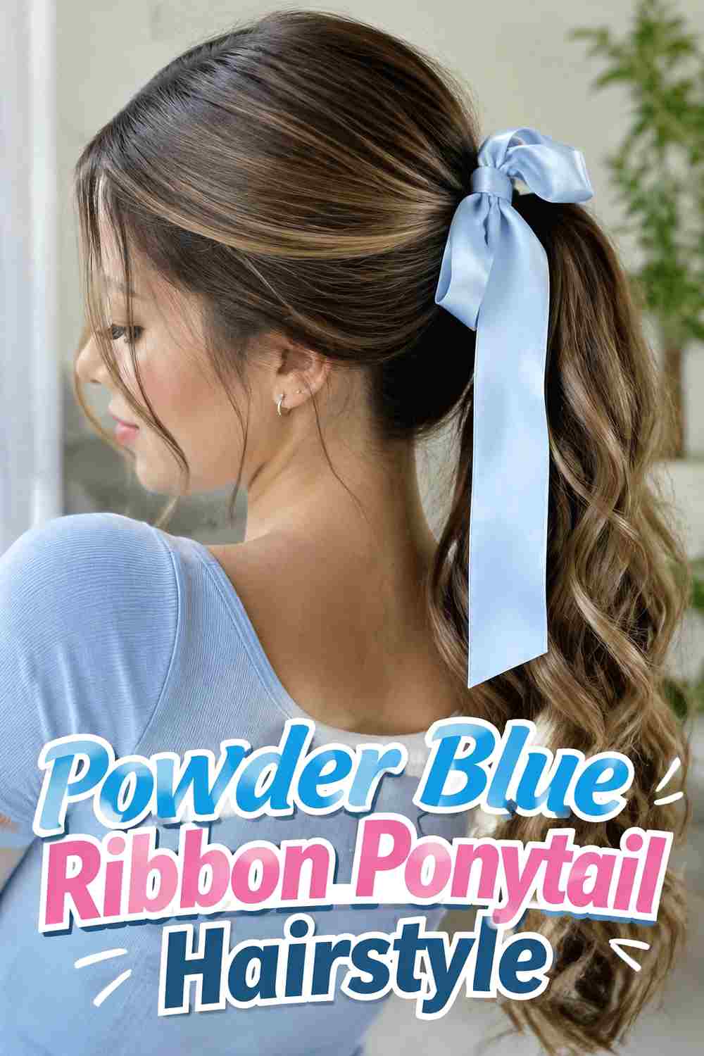 2. Powder Blue Ribbon Ponytail Hairstyle