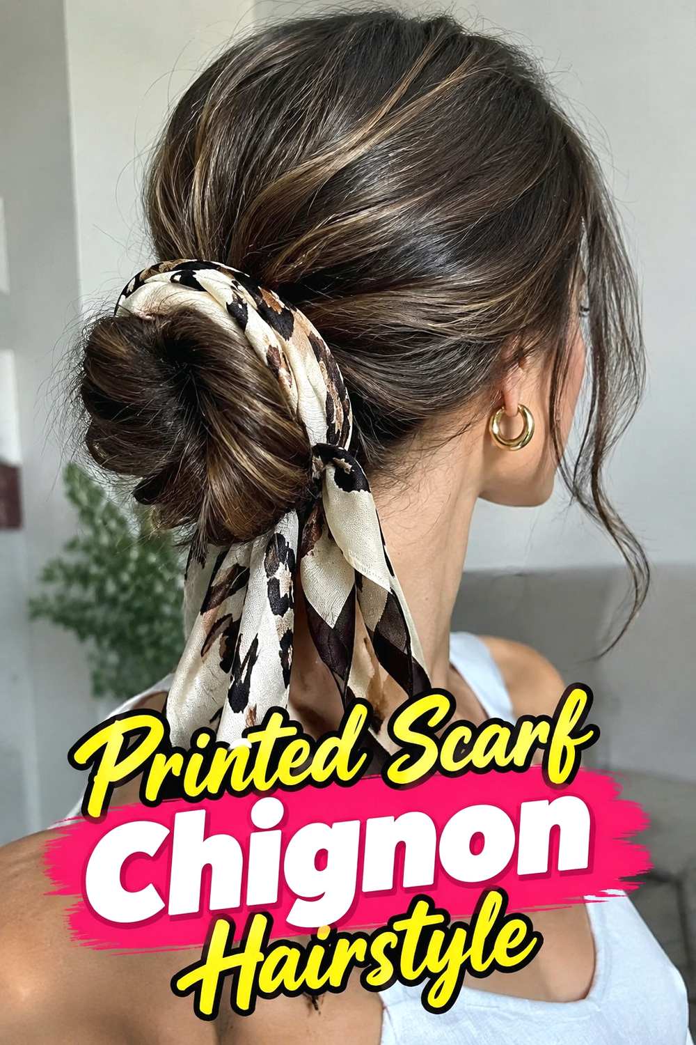 4. Printed Scarf Chignon Hairstyle