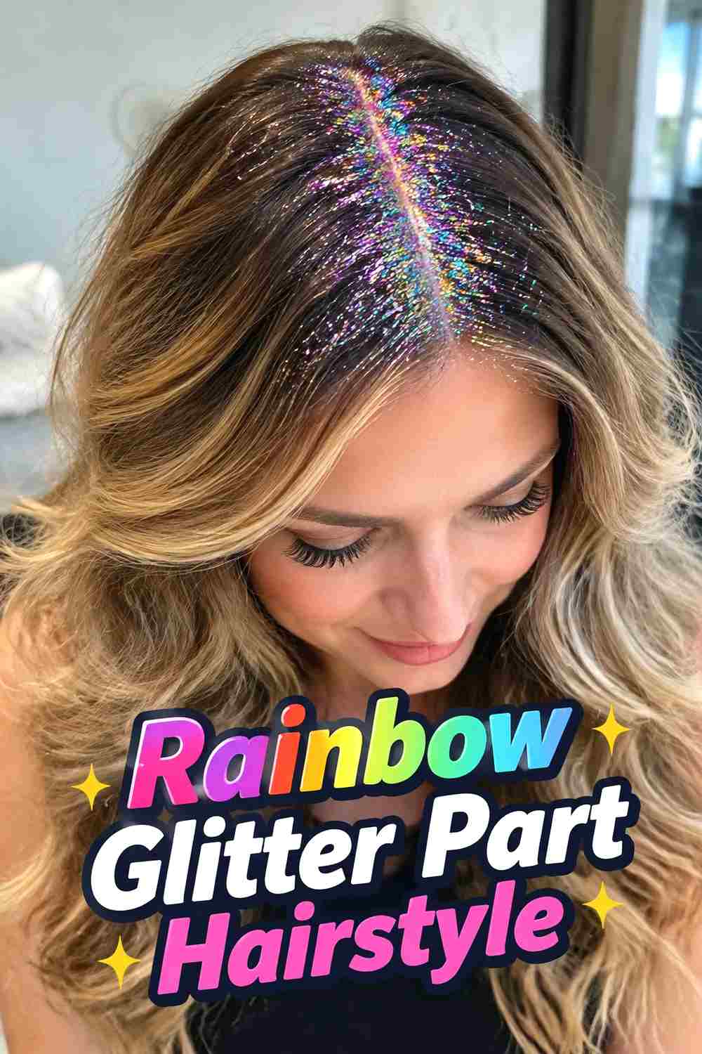13. Rainbow Glitter Part Hairstyle