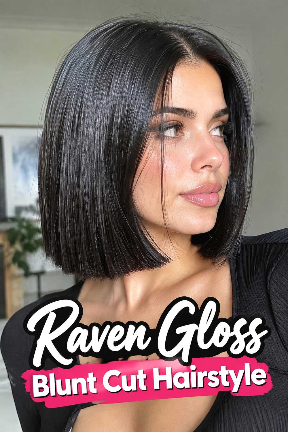 14. Raven Gloss Blunt Cut Hairstyle