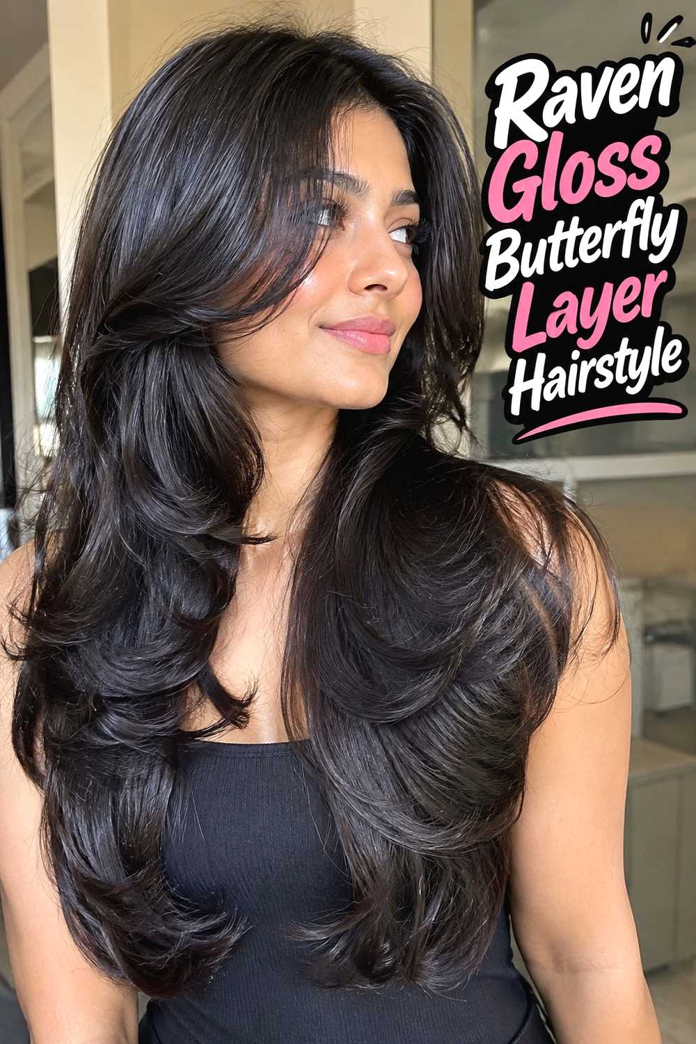 4. Raven Gloss Butterfly Layer Hairstyle