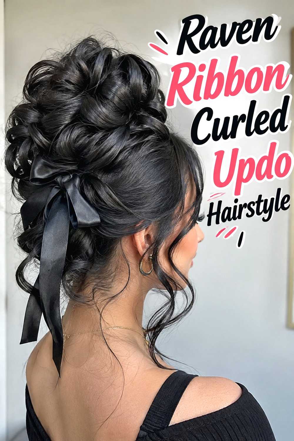 8. Raven Ribbon Curled Updo Hairstyle