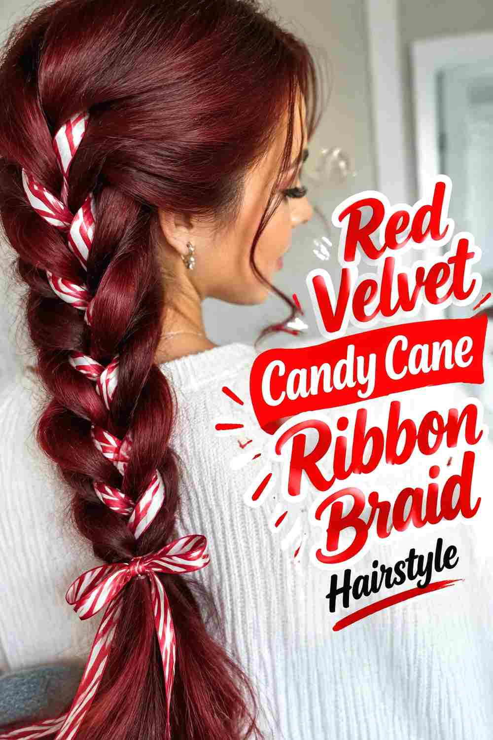 15. Red Velvet Candy Cane Ribbon Braid Hairstyle