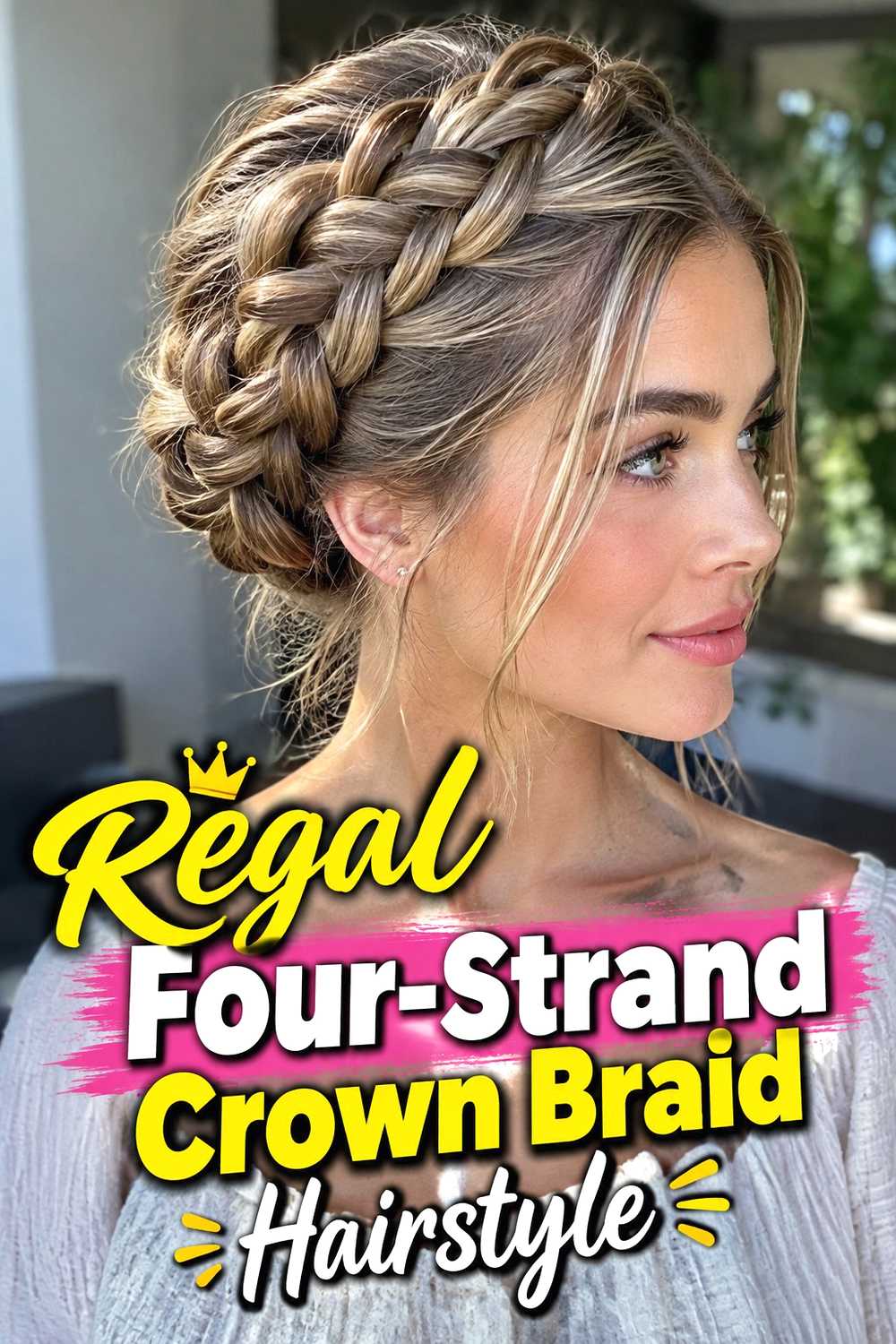 14. Regal Four Strand Crown Braid Hairstyle