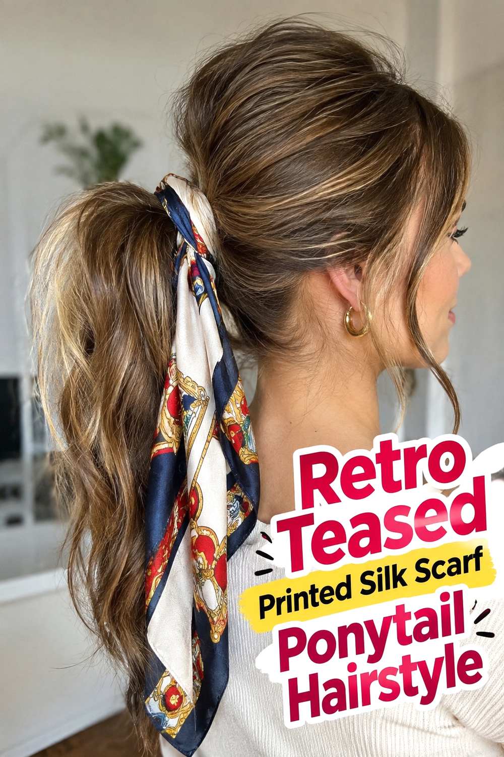11. Retro Teased Printed Silk Scarf Ponytail Hairstyle