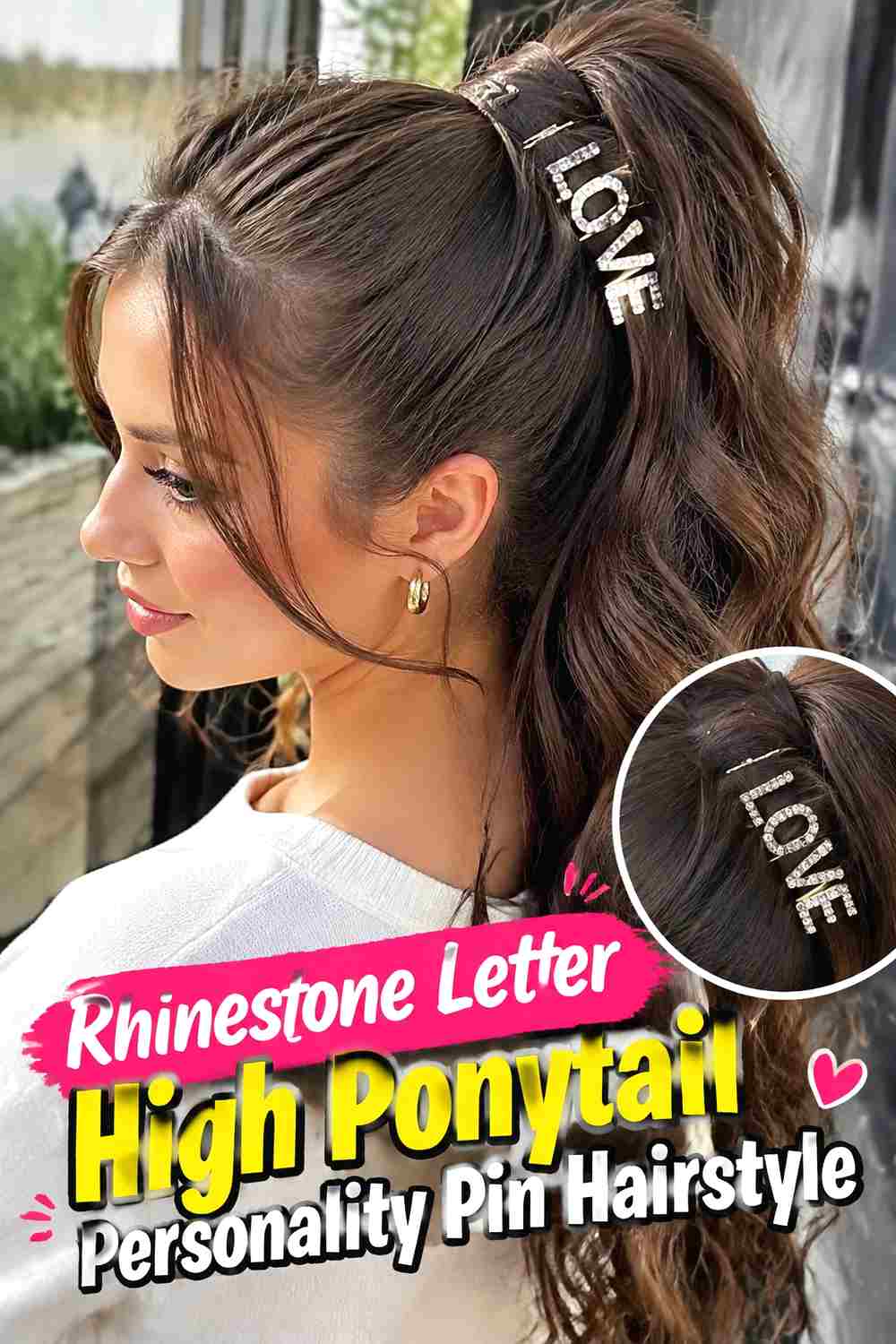 12. Rhinestone Letter High Ponytail Personality Pin Hairstyle