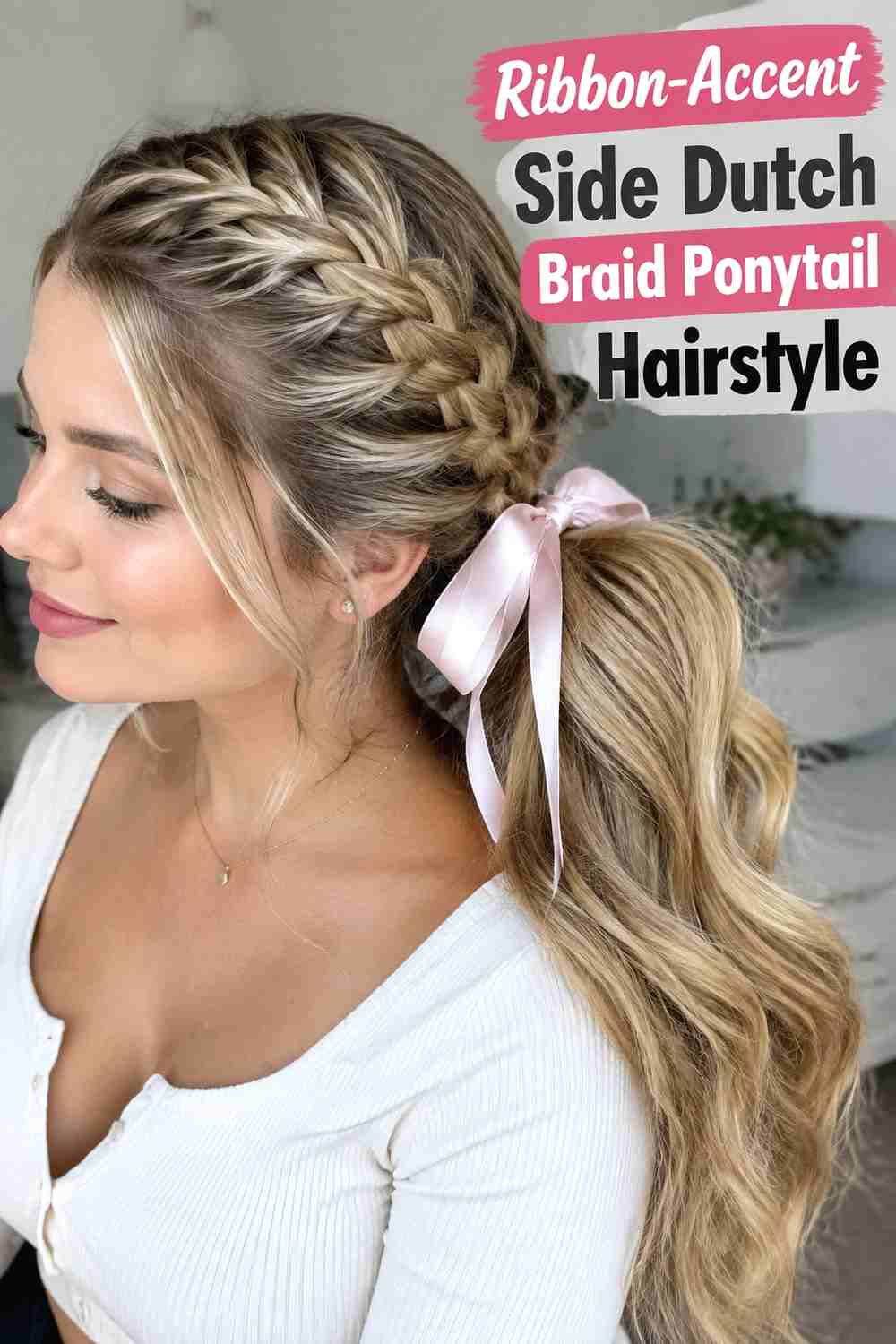 13. Ribbon Accent Side Dutch Braid Ponytail Hairstyle