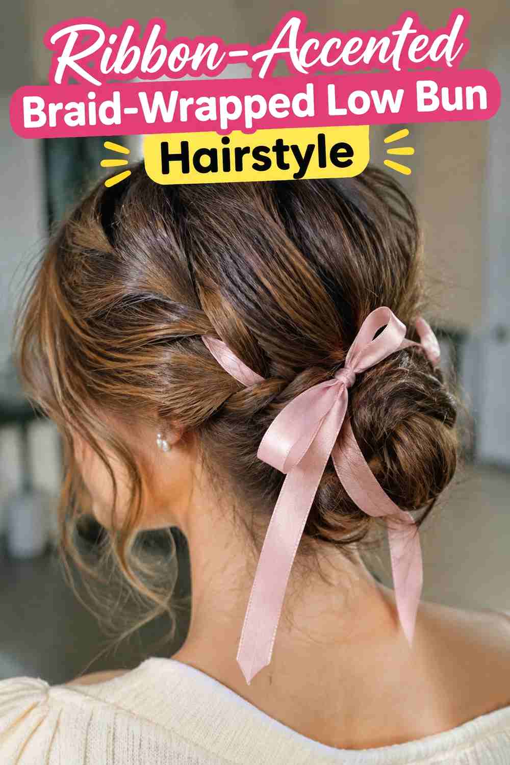 14. Ribbon Accented Braid Wrapped Low Bun Hairstyle