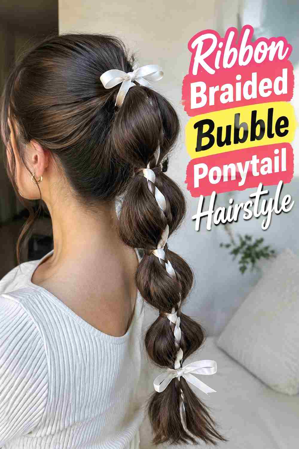 13. Ribbon Braided Bubble Ponytail Hairstyle