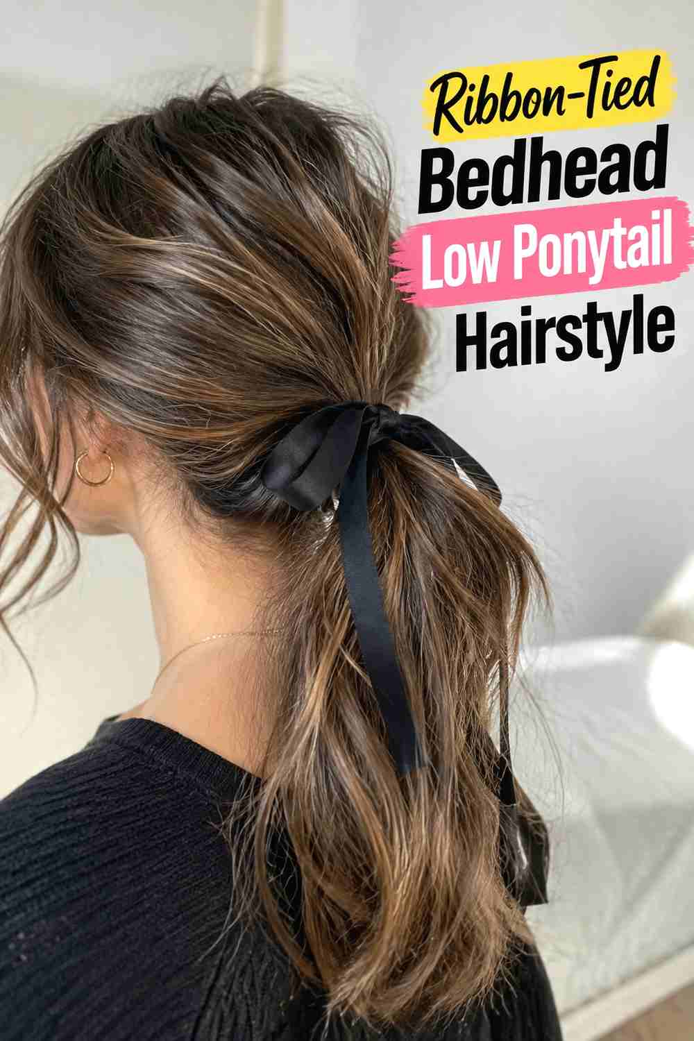 10. Ribbon Tied Bedhead Low Ponytail Hairstyle