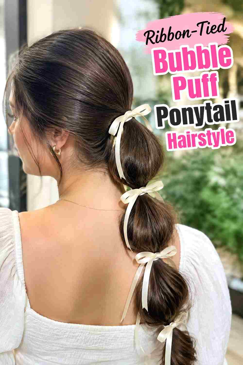 11. Ribbon Tied Bubble Puff Ponytail Hairstyle