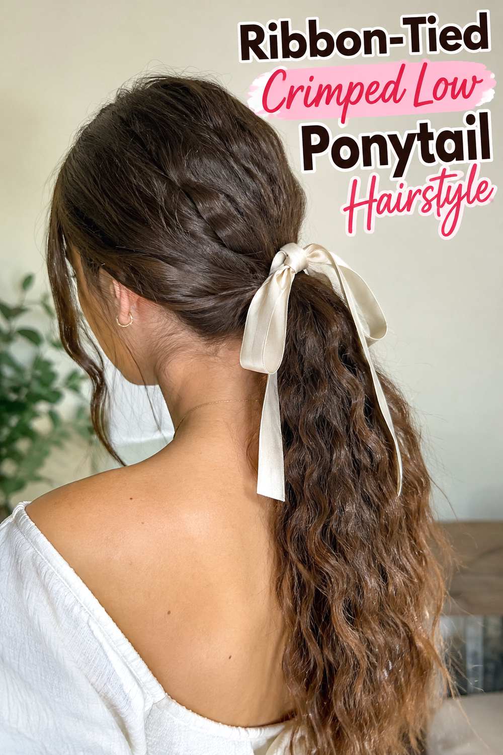 Ribbon-Tied Crimped Low Ponytail Hairstyle