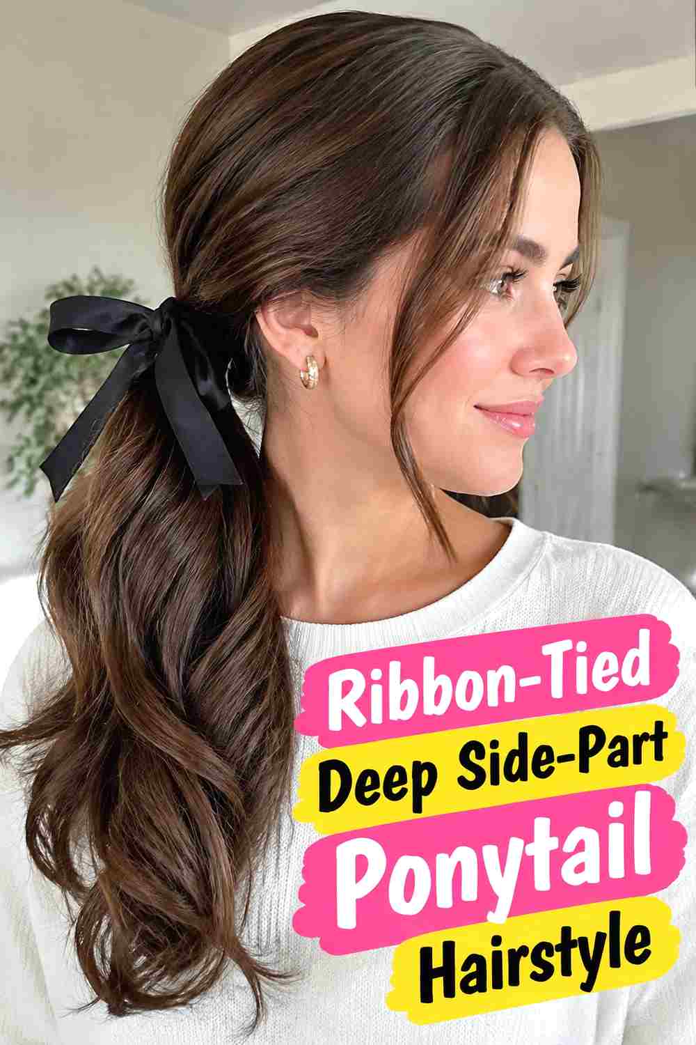 15. Ribbon Tied Deep Side Part Ponytail Hairstyle