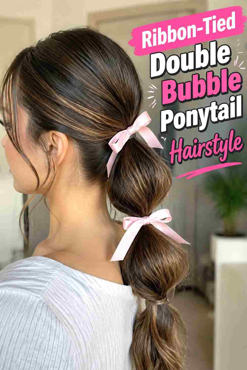 12. Ribbon Tied Double Bubble Ponytail Hairstyle