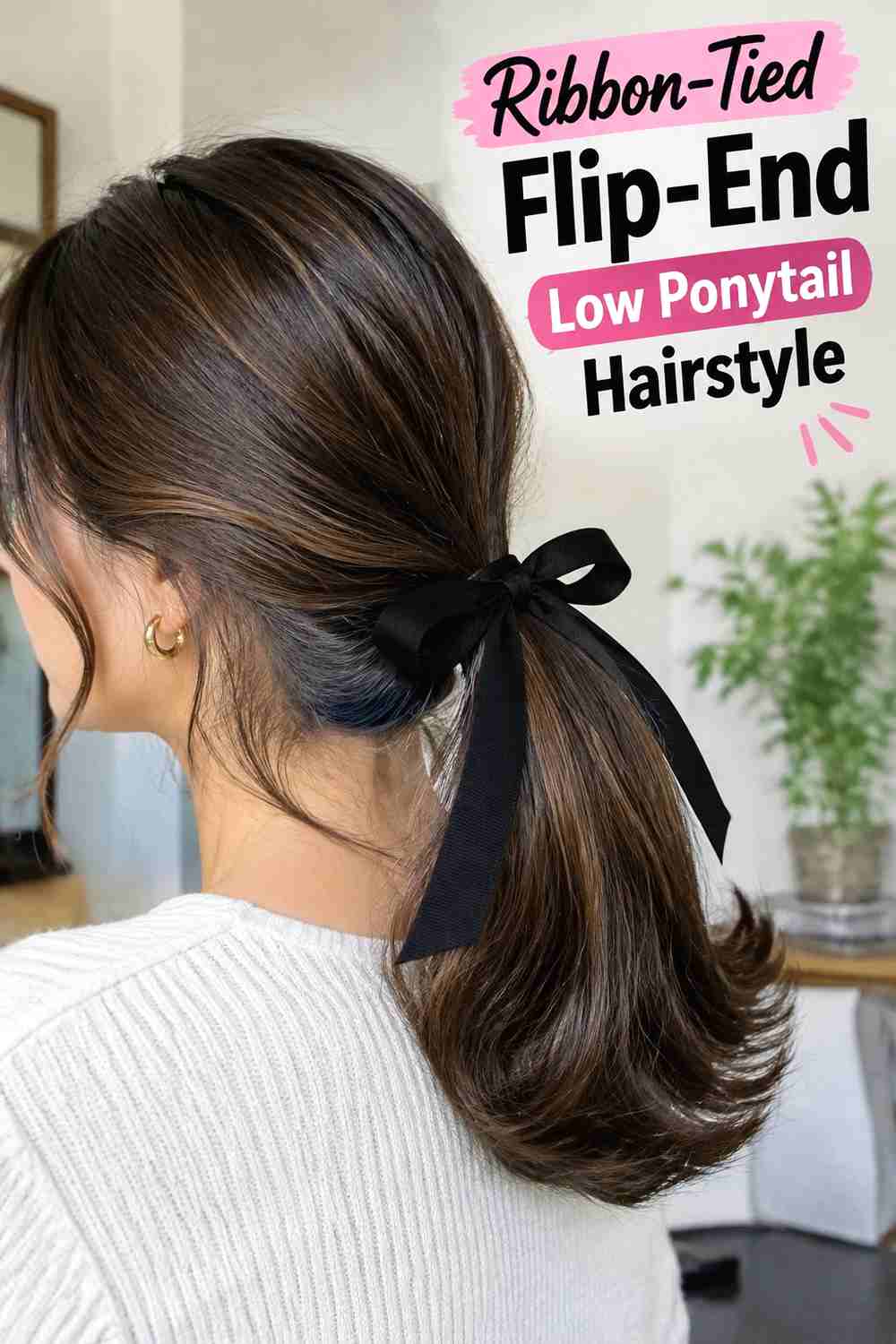 11. Ribbon Tied Flip End Low Ponytail Hairstyle
