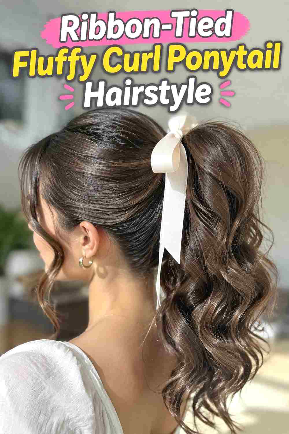 13. Ribbon Tied Fluffy Curl Ponytail Hairstyle