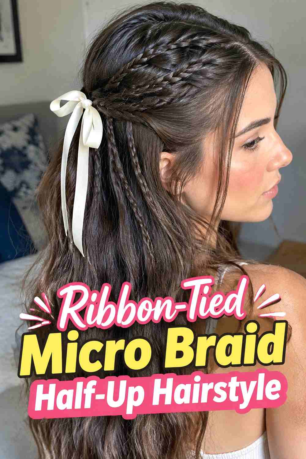14. Ribbon Tied Micro Braid Half Up Hairstyle