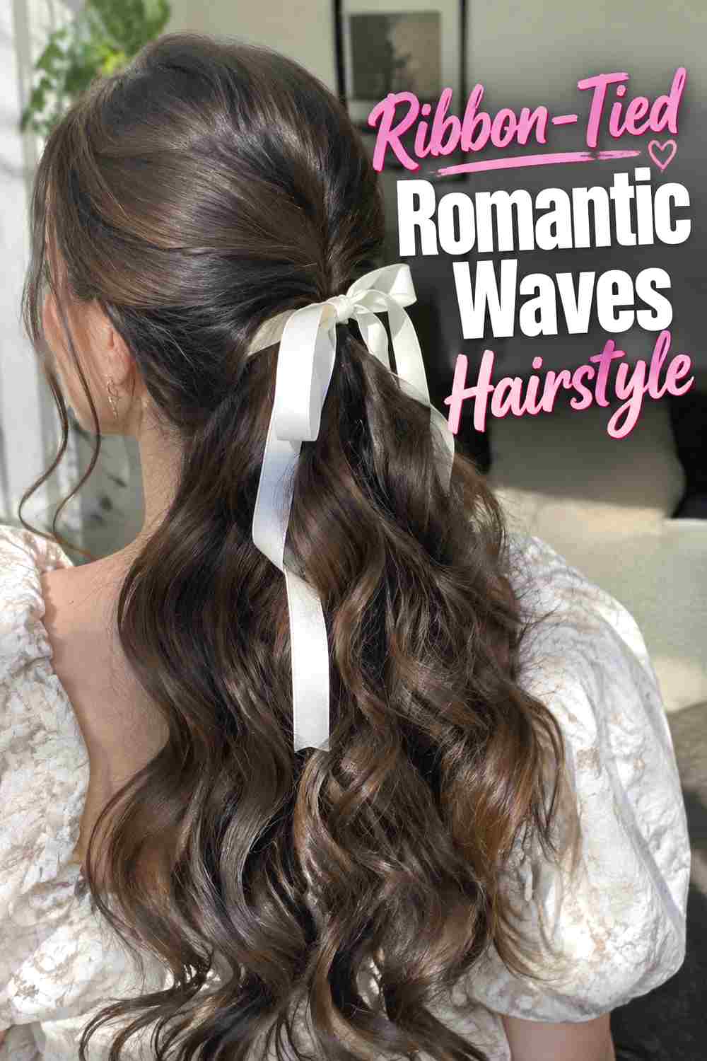 1. Ribbon Tied Romantic Waves Hairstyle
