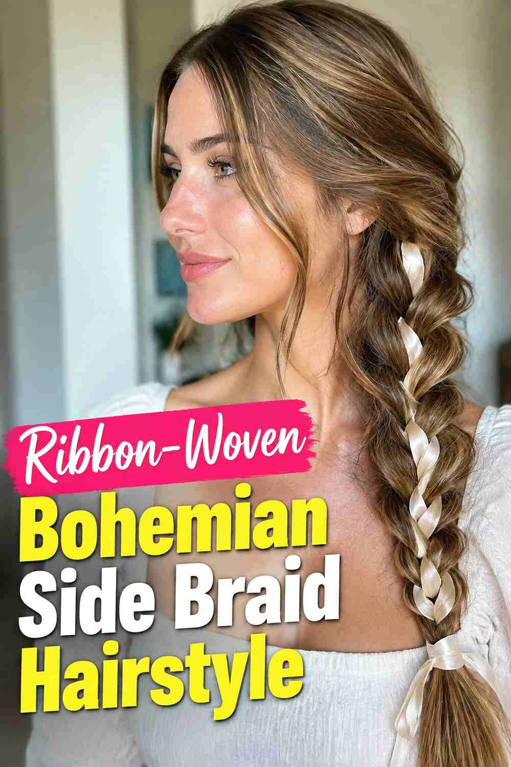 5. Ribbon Woven Bohemian Side Braid Hairstyle