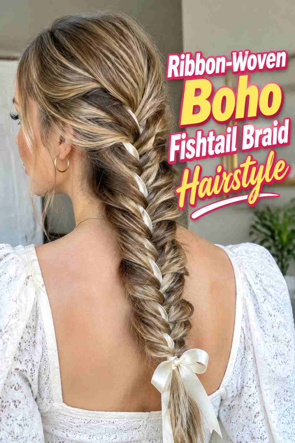 8. Ribbon Woven Boho Fishtail Braid Hairstyle