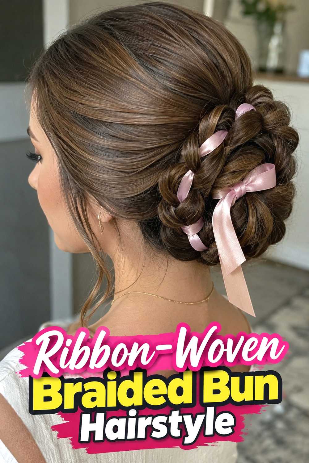 15. Ribbon Woven Braided Bun Hairstyle