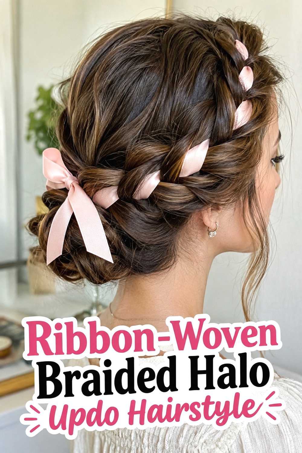 9. Ribbon Woven Braided Halo Updo Hairstyle