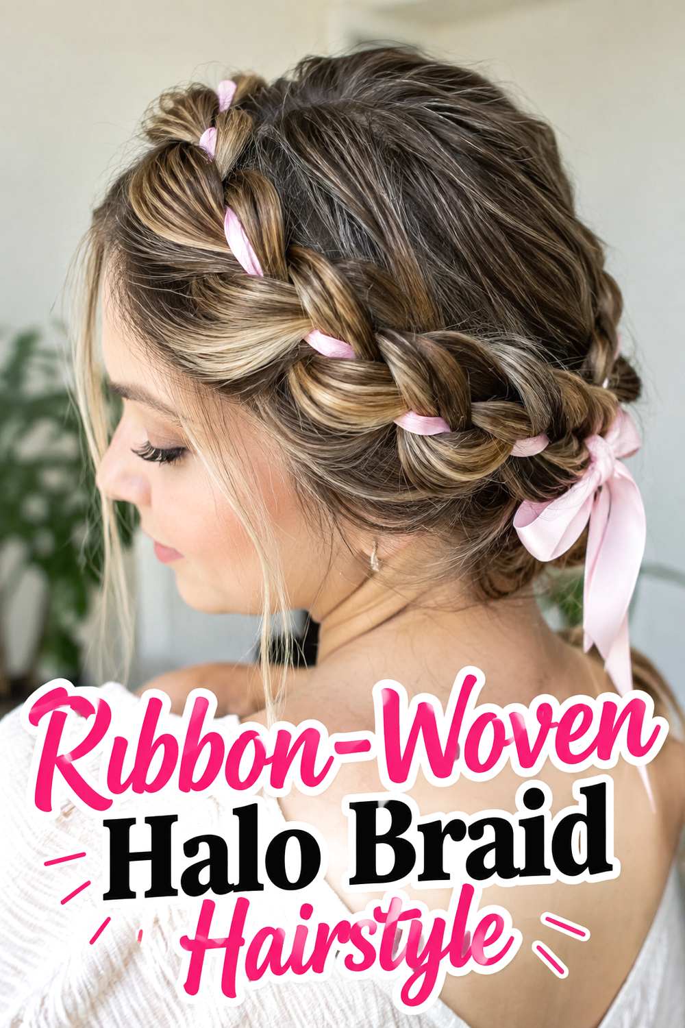 Ribbon-Woven Halo Braid Hairstyle