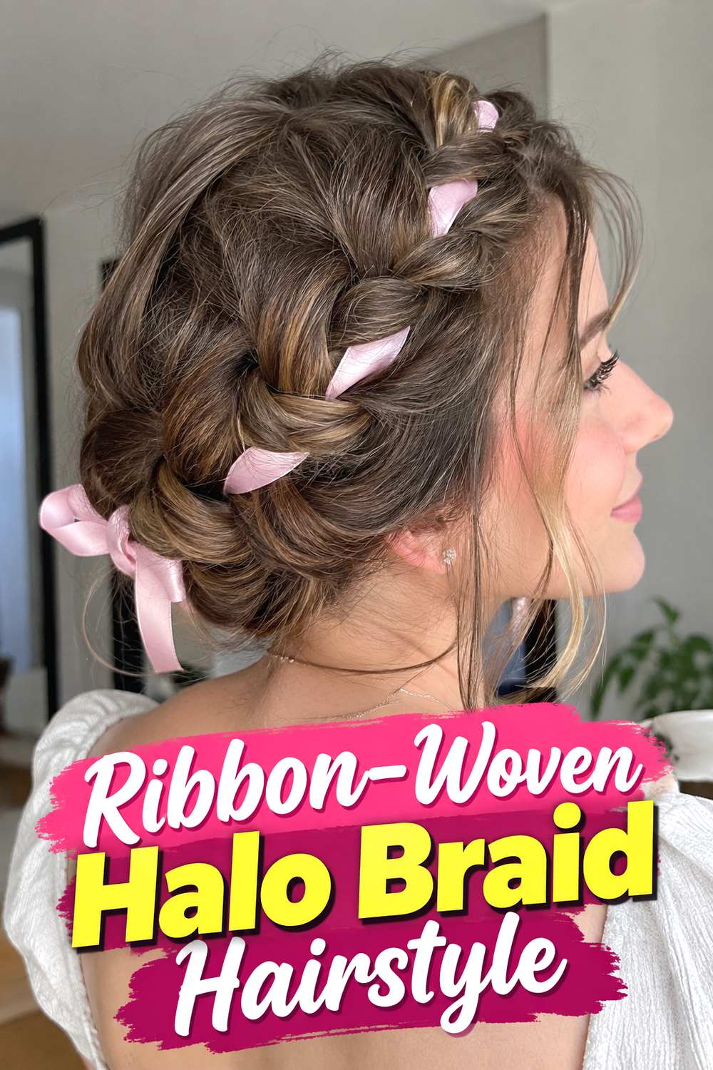 Ribbon-Woven Halo Braid Hairstyle