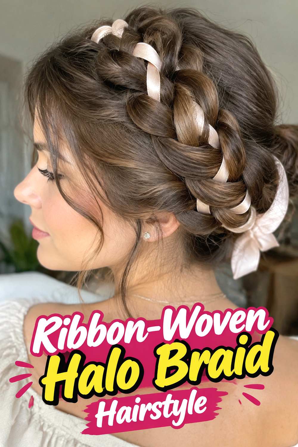 Ribbon-Woven Halo Braid Hairstyle