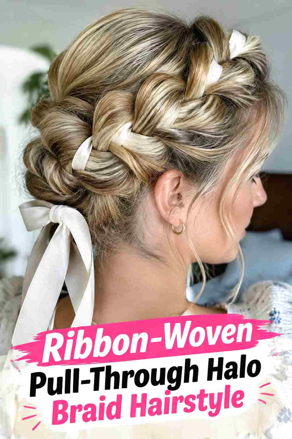 12. Ribbon Woven Pull Through Halo Braid Hairstyle