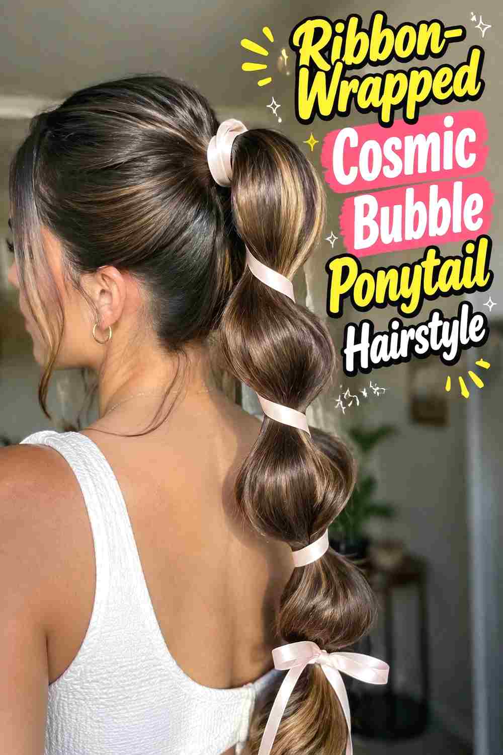 10. Ribbon Wrapped Cosmic Bubble Ponytail Hairstyle