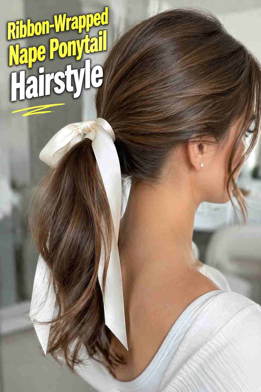 9. Ribbon Wrapped Nape Ponytail Hairstyle