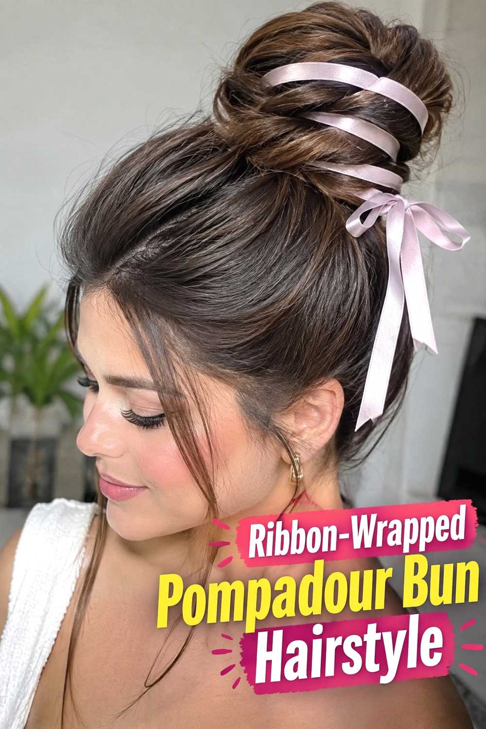 9. Ribbon Wrapped Pompadour Bun Hairstyle