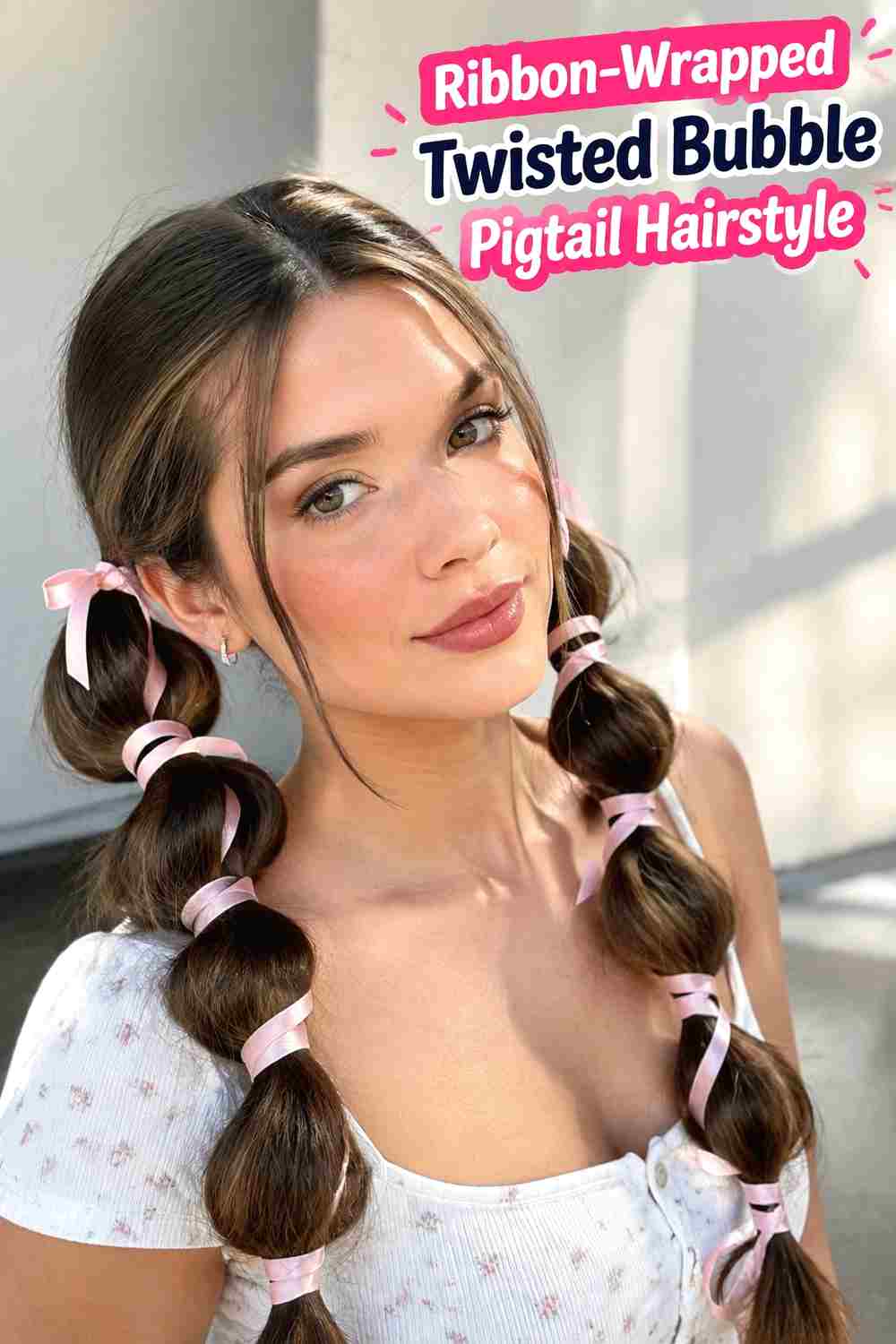 13. Ribbon Wrapped Twisted Bubble Pigtail Hairstyle