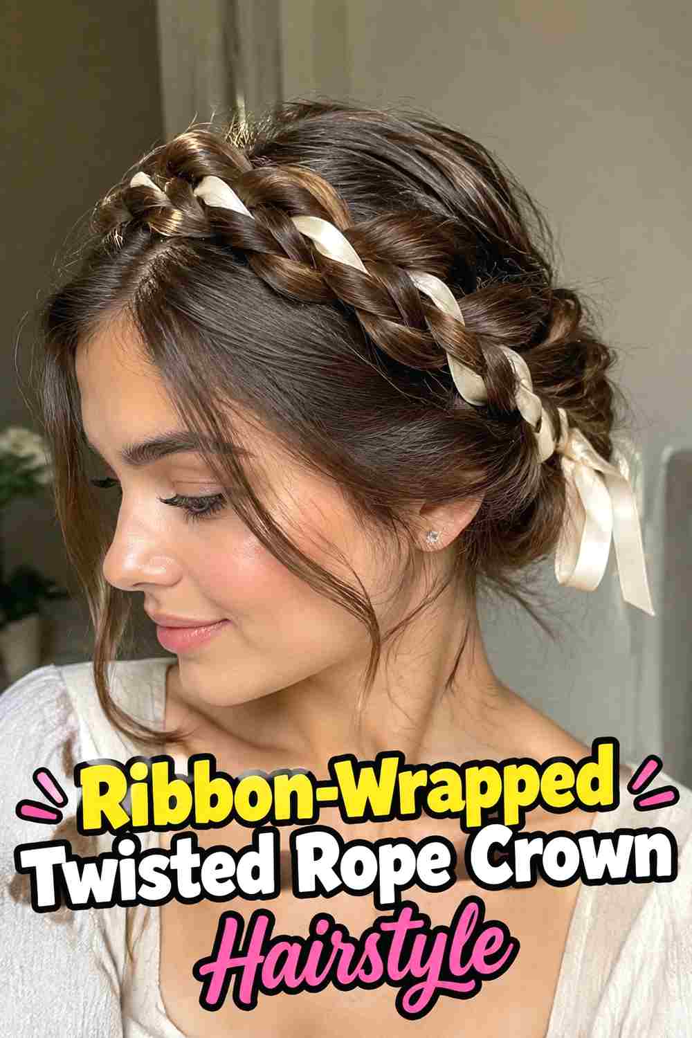 12. Ribbon Wrapped Twisted Rope Crown Hairstyle