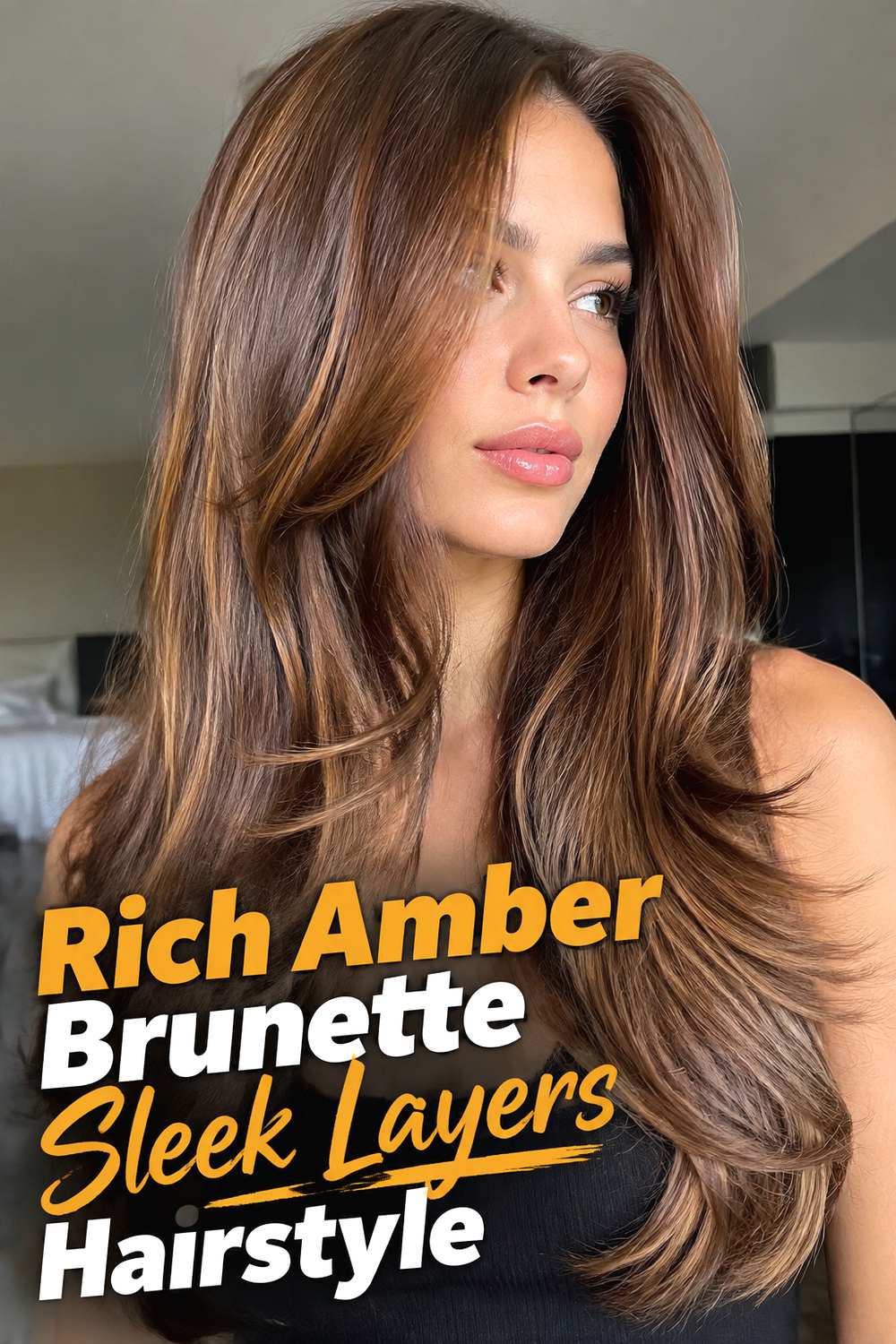 Rich Amber Brunette Sleek Layers Hairstyle