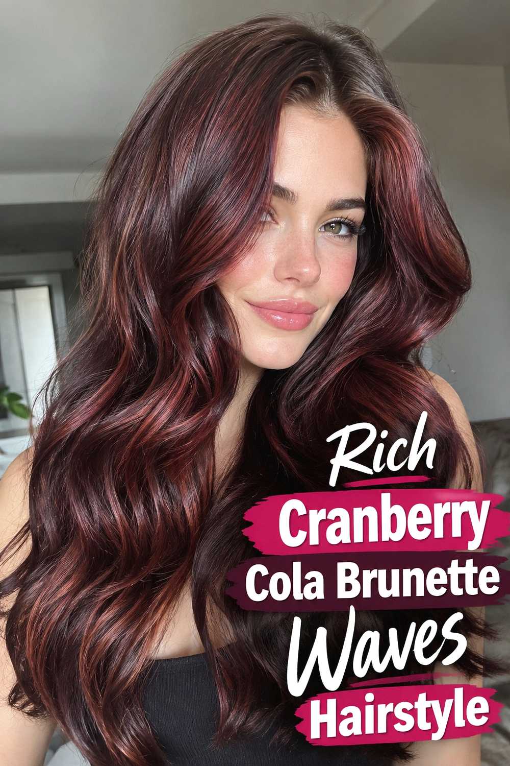 16. Rich Cranberry Cola Brunette Waves Hairstyle