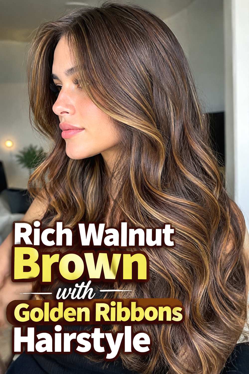 5. Rich Walnut Brown With Golden Ribbons Hairstyle
