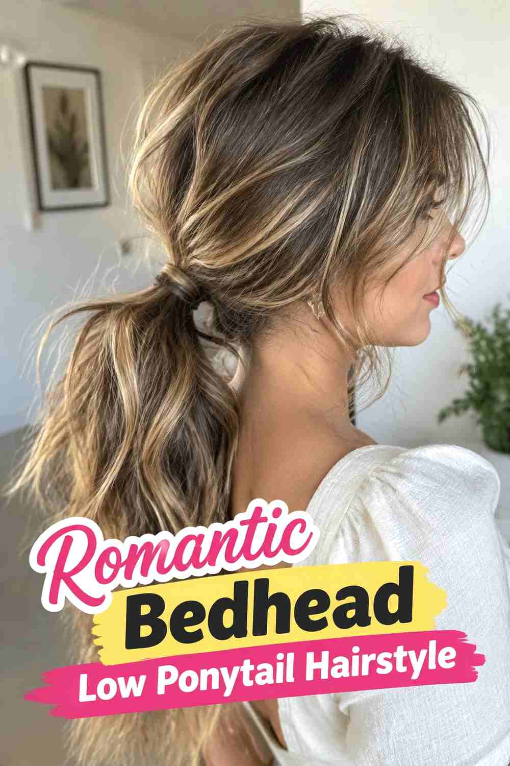 16. Romantic Bedhead Low Ponytail Hairstyle