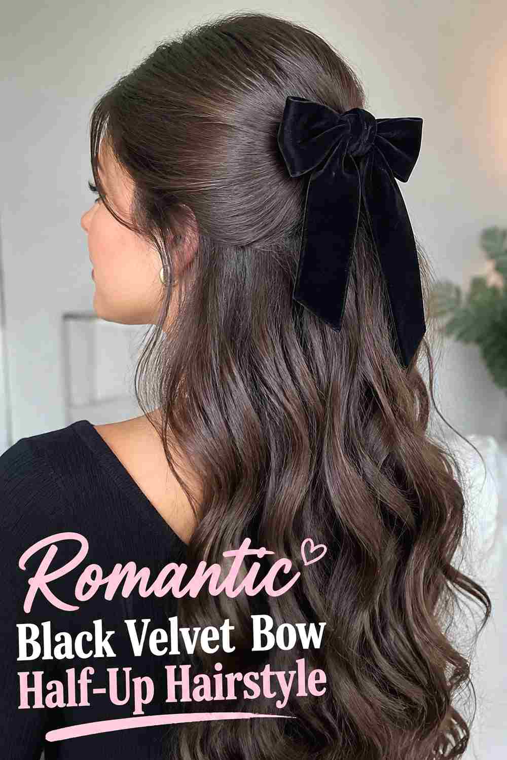 10. Romantic Black Velvet Bow Half Up Hairstyle