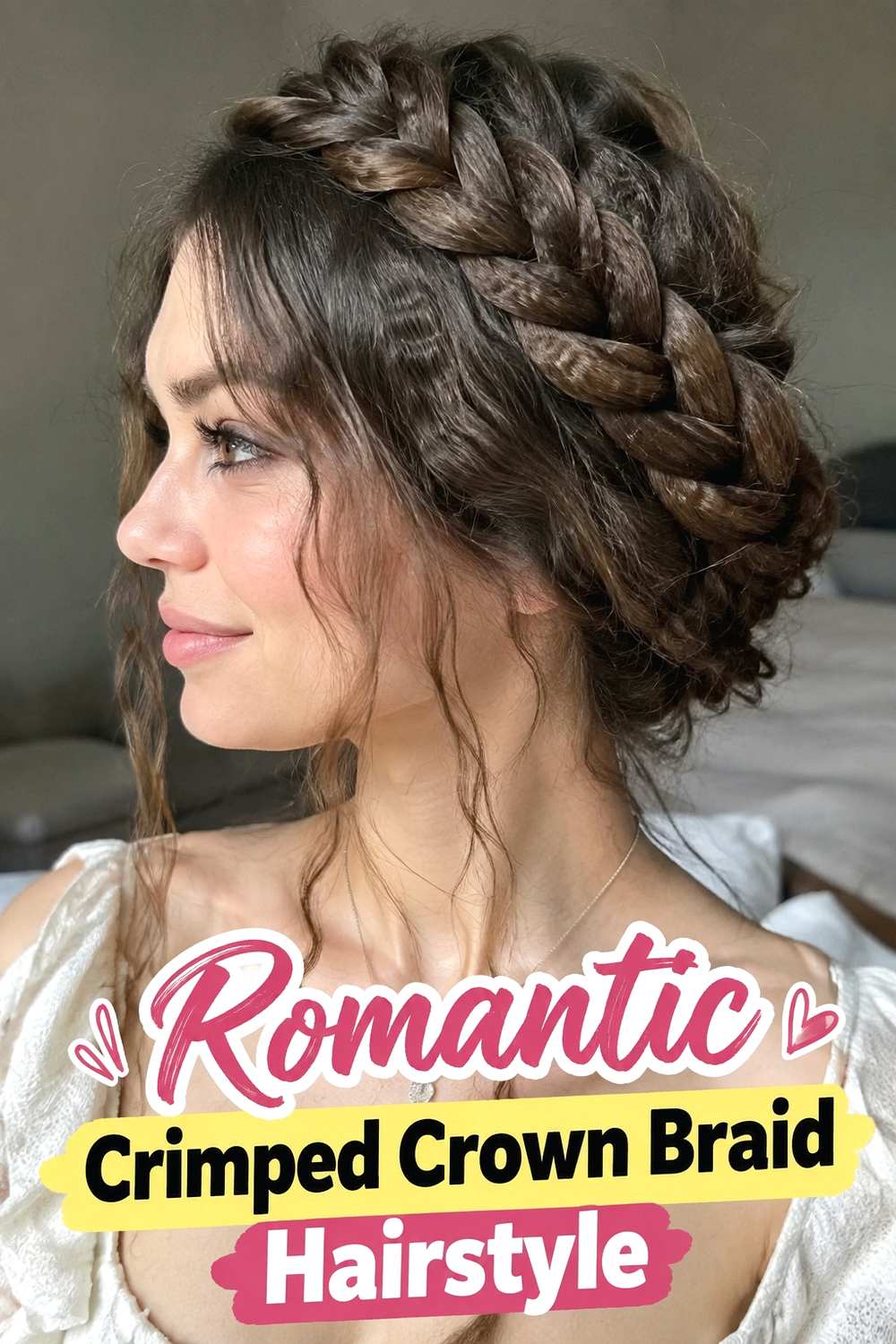 2. Romantic Crimped Crown Braid Hairstyle