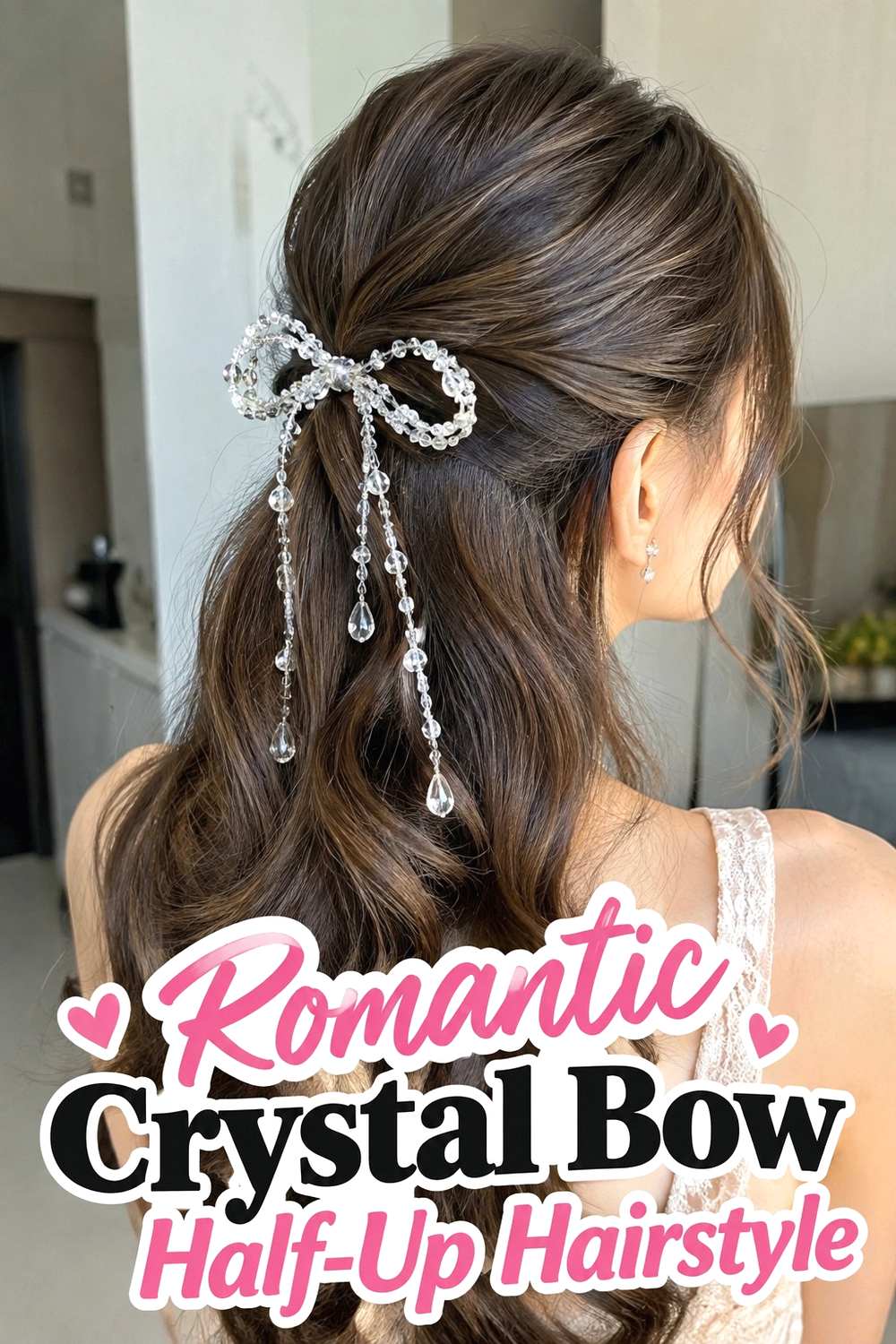 8. Romantic Crystal Bow Half Up Hairstyle
