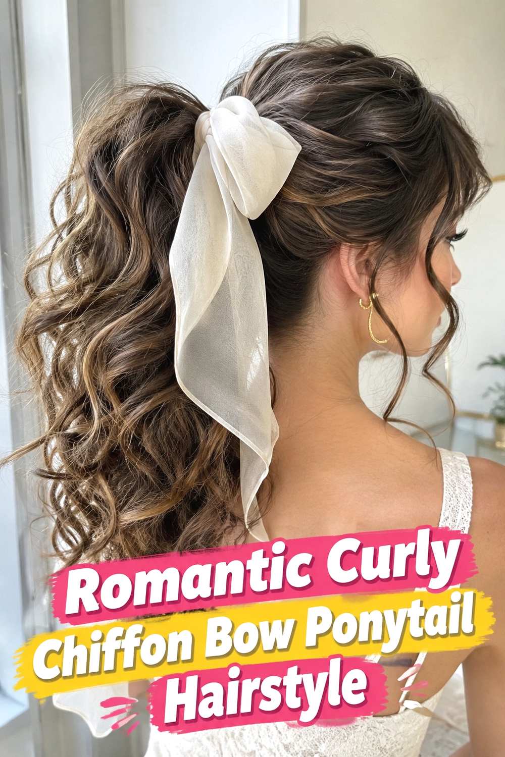 5. Romantic Curly Chiffon Bow Ponytail Hairstyle