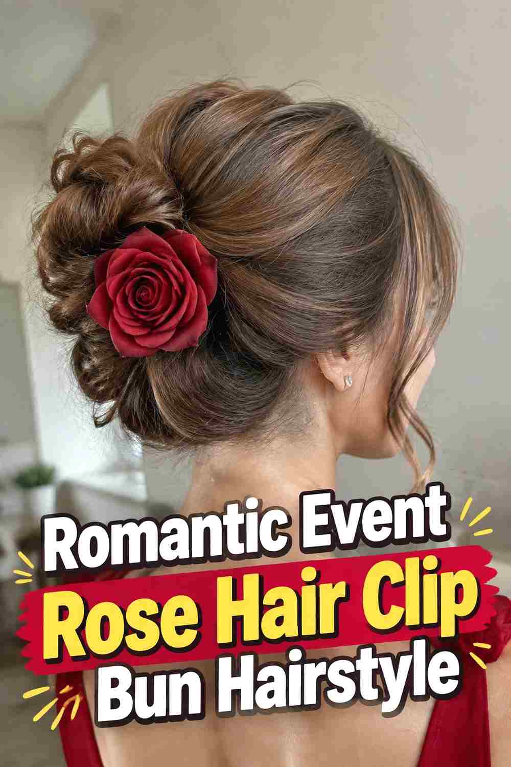 19. Romantic Event Rose Hair Clip Bun Hairstyle