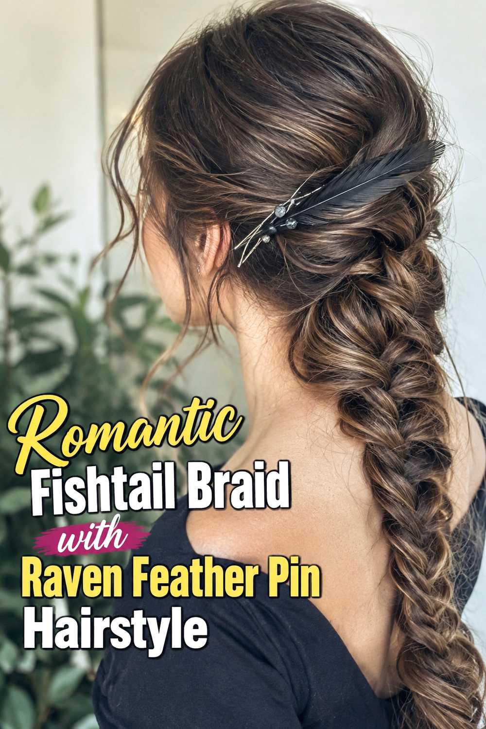 8. Romantic Fishtail Braid With Raven Feather Pin Hairstyle